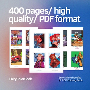 May include: A collage of colorful illustrations for a coloring book. The images include a cartoon monster, a car, a princess, a bear, and a duck. The text on the page reads "400 pages/high quality/PDF format" and "FairyColorBook".