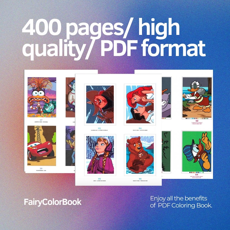 May include: A collage of colorful illustrations for a coloring book. The images include a cartoon monster, a car, a princess, a bear, and a duck. The text on the page reads "400 pages/high quality/PDF format" and "FairyColorBook".