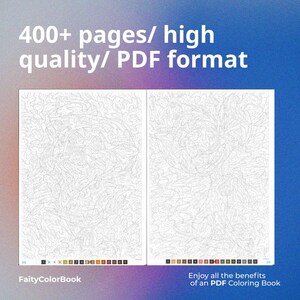 May include: A digital coloring book with two open pages, each featuring intricate line art designs. The text at the top reads "400+ pages/ high quality/ PDF format." The bottom text says "Enjoy all the benefits of an PDF Coloring Book."
