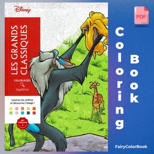 May include: A Disney-themed coloring book titled "Les Grands Classiques" featuring a scene with cartoon characters. The cover has a red border with French text and a PDF icon. The background is a gradient of blue and purple.