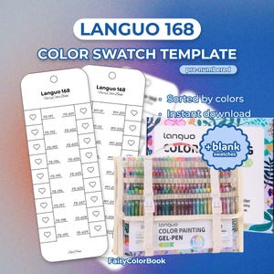 以下が含まれることがあります： Languo 168 ジェルペンのカラー見本テンプレートセット。画像には、番号が振られた見本カード、ジェルペンセット、カラーチャートが表示されています。「色でソート」と「即時ダウンロード」というテキストが含まれています。