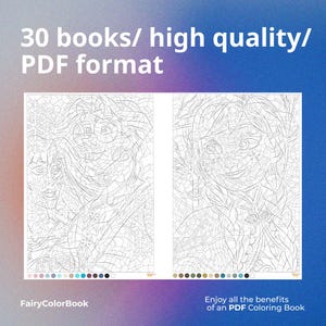 Puede incluir: Doble p&aacute;gina de un libro para colorear con intrincados dibujos lineales de rostros. El texto en la parte superior dice "30 libros/ alta calidad/ formato PDF". La esquina inferior izquierda dice "FairyColorBook". La esquina inferior derecha dice "Enjoy all the benefits of an PDF Coloring Book."