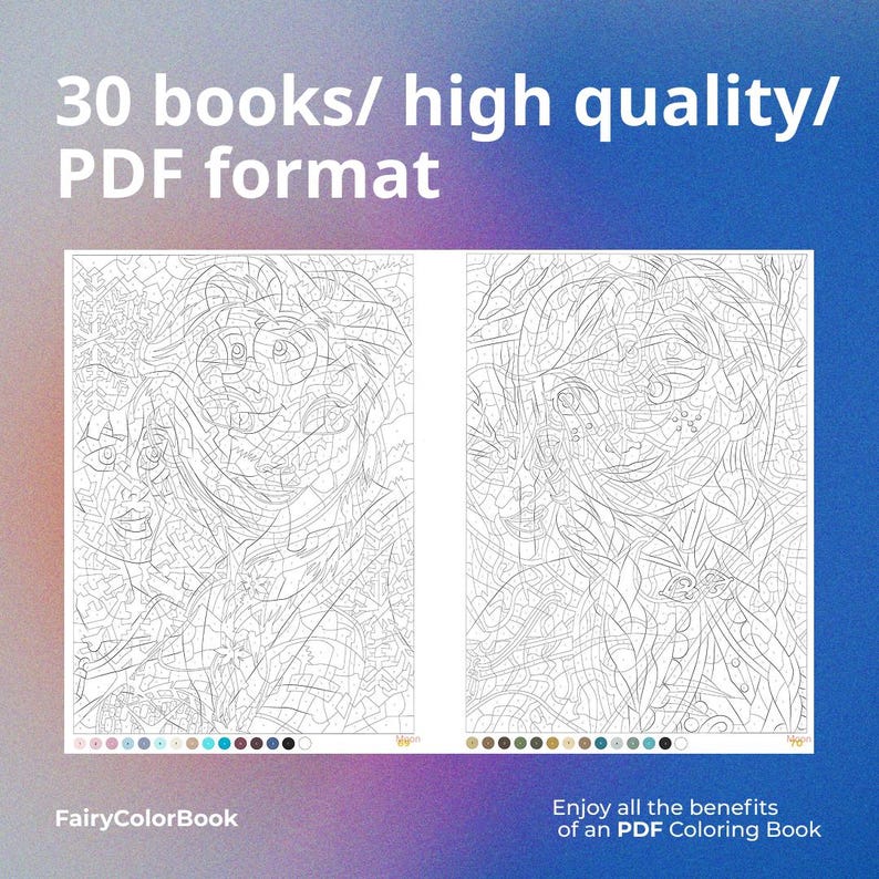 Puede incluir: Doble p&aacute;gina de un libro para colorear con intrincados dibujos lineales de rostros. El texto en la parte superior dice "30 libros/ alta calidad/ formato PDF". La esquina inferior izquierda dice "FairyColorBook". La esquina inferior derecha dice "Enjoy all the benefits of an PDF Coloring Book."