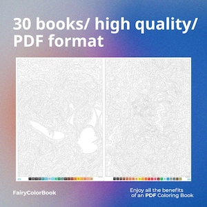 Puede incluir: Doble p&aacute;gina de libro para colorear con intrincados dibujos lineales. El texto en la parte superior dice "30 libros/ alta calidad/ formato PDF". En la esquina inferior izquierda, "FairyColorBook". En la inferior derecha, "Disfruta de los beneficios de un libro para colorear PDF."
