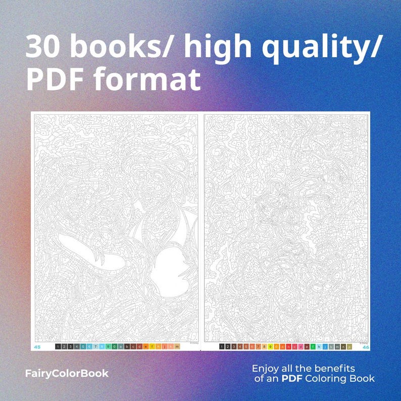 Puede incluir: Doble p&aacute;gina de libro para colorear con intrincados dibujos lineales. El texto en la parte superior dice "30 libros/ alta calidad/ formato PDF". En la esquina inferior izquierda, "FairyColorBook". En la inferior derecha, "Disfruta de los beneficios de un libro para colorear PDF."