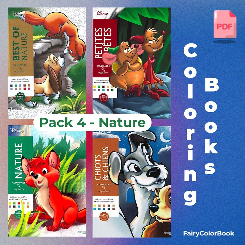 May include: A pack of four Disney coloring books featuring various animal characters. The covers display illustrations of a fox, a hound dog, mice, and other animals. The text "Pack 4 - Nature" is visible.