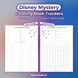 Puede incluir: Rastreadores de libros para colorear Disney Mystery A4 imprimibles. El diseño presenta dos páginas blancas con texto negro. Una página es un rastreador de páginas para colorear y la otra es un rastreador de páginas de libros. El texto incluye "page tracker", "book tracker" y "Instant download".