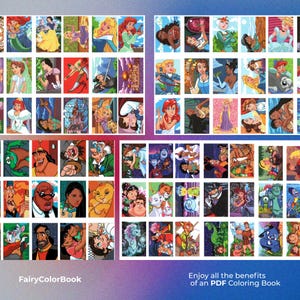 Puede incluir: Una colecci&oacute;n de ilustraciones coloridas con varios personajes de pel&iacute;culas animadas. Las im&aacute;genes est&aacute;n dispuestas en una cuadr&iacute;cula, con el texto "FairyColorBook" en la parte inferior izquierda y "Enjoy all the benefits of an PDF Coloring Book" en la parte inferior derecha.