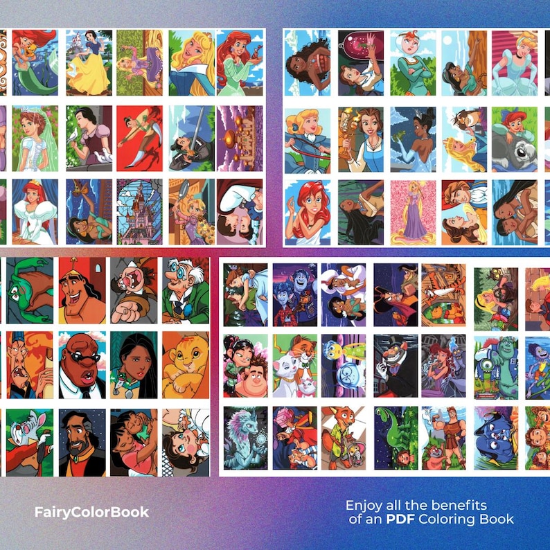 Puede incluir: Una colecci&oacute;n de ilustraciones coloridas con varios personajes de pel&iacute;culas animadas. Las im&aacute;genes est&aacute;n dispuestas en una cuadr&iacute;cula, con el texto "FairyColorBook" en la parte inferior izquierda y "Enjoy all the benefits of an PDF Coloring Book" en la parte inferior derecha.