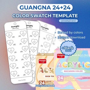 Puede incluir: Una plantilla de muestra de color con el texto "GUANGNA 24+24 COLOR SWATCH TEMPLATE" y "pre-numerado". La plantilla incluye muestras de color en forma de corazón con números. También se ven cajas de rotuladores acrílicos.