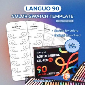 以下が含まれることがあります： カラー見本テンプレートとアクリル絵の具ジェルペンの製品画像。テンプレートは、ハート型のカラー見本で番号が振られています。ジェルペンボックスには「90 COLORS」と「ACRYLIC PAINTING GEL-PEN PLUS」と表示されています。「Print and use」の文字も表示されています。