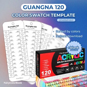 Op de afbeelding: Een kleurstalen sjabloon met de tekst "GUANGNA 120 COLOR SWATCH TEMPLATE" en "pre-numbered". Bevat twee stalenkaarten met genummerde vakken en een doos met 120 acryl brush markers. De doos is rood en zwart.