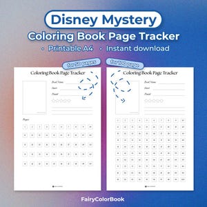 May include: A printable A4 Disney Mystery Coloring Book Page Tracker, offering space for 50 and 100 pages. Features sections for book name, start, finish, and a rating system. The design is white with a blue gradient background.