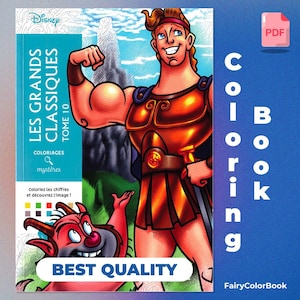 Puede incluir: Un libro para colorear de Disney con Hércules y un demonio rojo. La portada tiene el texto "LES GRANDS CLASSIQUES TOME 10" y "COLORIAGES mystères". Las palabras "Coloring Book" están escritas verticalmente. También se ve el texto "BEST QUALITY".