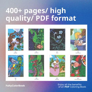 May include: A colorful PDF coloring book with various illustrations, including characters and scenes. The cover displays multiple pages with vibrant images and the text "400+ pages/ high quality/ PDF format". The book is from FaityColorBook.