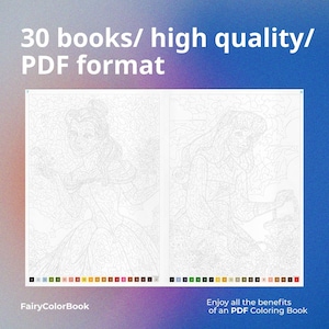 Puede incluir: Una p&aacute;gina doble de un libro para colorear digital con dos dibujos lineales detallados de mujeres. El texto en la parte superior dice "30 libros/ alta calidad/ formato PDF". La parte inferior de la imagen incluye el texto "FairyColorBook" y "Disfruta de todos los beneficios de un libro para colorear en PDF."