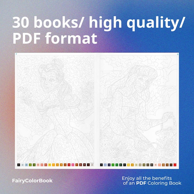 Puede incluir: Una p&aacute;gina doble de un libro para colorear digital con dos dibujos lineales detallados de mujeres. El texto en la parte superior dice "30 libros/ alta calidad/ formato PDF". La parte inferior de la imagen incluye el texto "FairyColorBook" y "Disfruta de todos los beneficios de un libro para colorear en PDF."