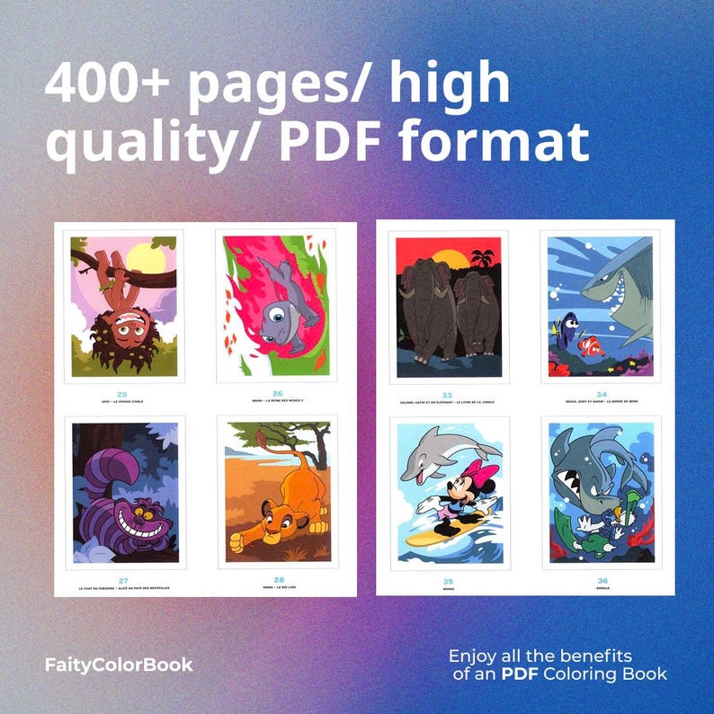 May include: A digital coloring book with illustrations of cartoon characters. The book features images of a shark, a lion cub, and other characters. Text on the image reads "400+ pages/ high quality/ PDF format."