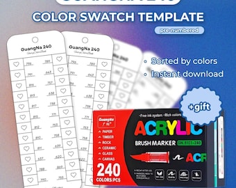 Guangna 240 Marker Color Chart, Sorted by Colors | Swatch Template (PDF)