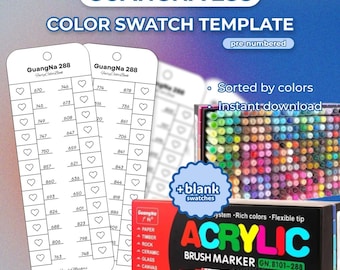Guangna 288 Acrylic Marker Color Chart | Printable Swatch Template (PDF)