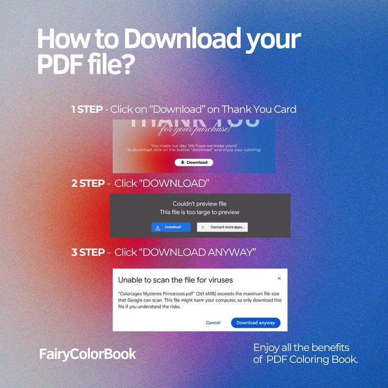 May include: A step-by-step guide on how to download a PDF file, with instructions and screenshots. The guide includes steps to click "Download" and "Download Anyway". The image has a gradient blue and purple background.