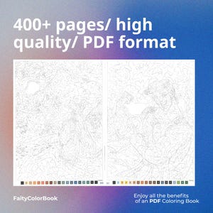 May include: A digital coloring book with two detailed line drawings, featuring a nature scene and a person. Text at the top reads "400+ pages/ high quality/ PDF format." The bottom text says "Enjoy all the benefits of an PDF Coloring Book."