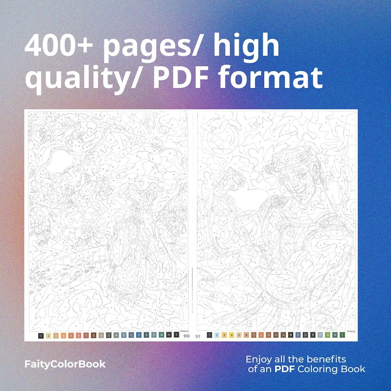 May include: A digital coloring book with two detailed line drawings, featuring a nature scene and a person. Text at the top reads "400+ pages/ high quality/ PDF format." The bottom text says "Enjoy all the benefits of an PDF Coloring Book."