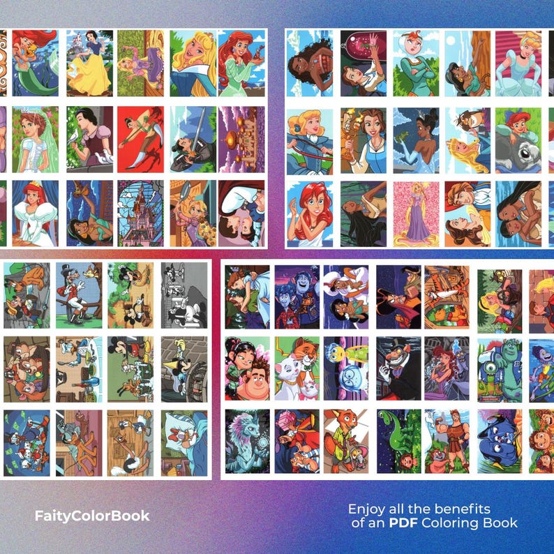 May include: A collection of colorful illustrations featuring various Disney characters, including princesses and other animated figures. The image includes the text "FaityColorBook" and "Enjoy all the benefits of an PDF Coloring Book."