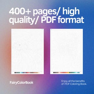 May include: Two images showing examples of coloring pages from a PDF coloring book. The first image shows a detailed coloring page of a mountain scene. The second image shows a blank coloring page with a color palette below. The text "FairyColorBook" is below the first image and the text "Enjoy all the benefits of PDF Coloring Book." is below the second image.