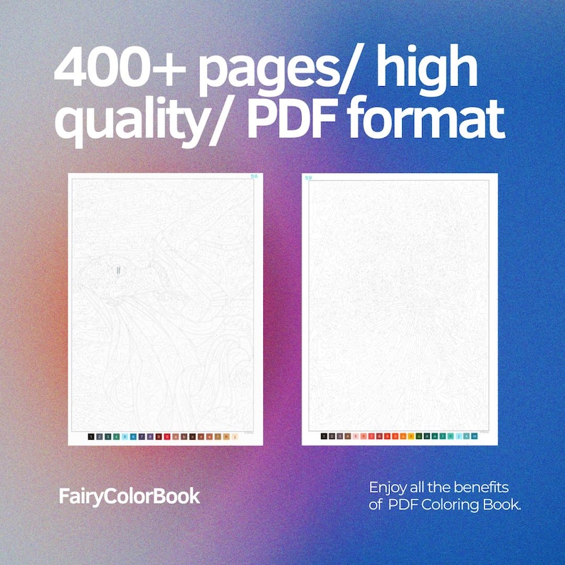 May include: Two images showing examples of coloring pages from a PDF coloring book. The first image shows a detailed coloring page of a mountain scene. The second image shows a blank coloring page with a color palette below. The text "FairyColorBook" is below the first image and the text "Enjoy all the benefits of PDF Coloring Book." is below the second image.