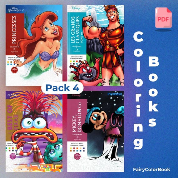 Set of 4 Digital Mystery Coloring Books - Disney Coloring Books - Coloring book pack - 4 PDF Books 400 Pages - Coloring by number for Adults