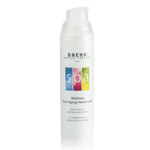 May include: White bottle of BAEHR Spa Wellness Anti-Aging Handcreme. The bottle has a pump dispenser and a colorful label with the word "spa". The label also includes text about Vitamin C and plant extracts.