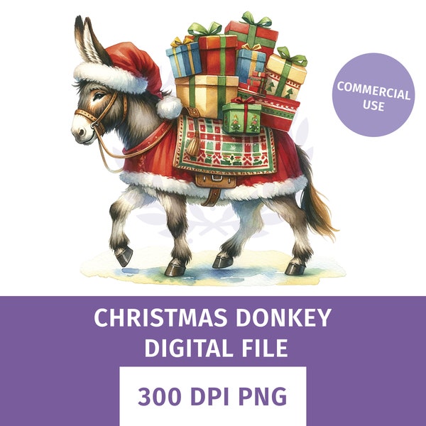 Watercolor Christmas PNG of Xmas Donkey Western Cowboy Clipart Cute Christmas Animal Digital Download