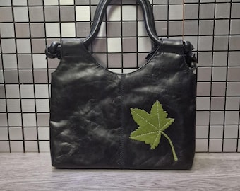 Vintage Alpha Real Leather Handbag with Leaf Appliqué — Black Genuine Leather Tote