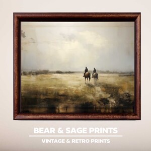 Descarga digital de paisaje antiguo vintage imprimible, arte mural tradicional, pintura al óleo, paisaje campestre del oeste a caballo