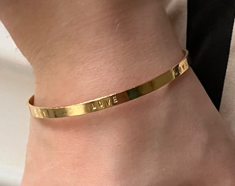 LOVE bangle bracelet gilded with fine gold, open and engraved, jewelry for women, gift for her.