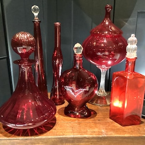 Vintage Empoli Ruby Red Glass Decanters & Bottles Various Genie shaped Italian Art Glass