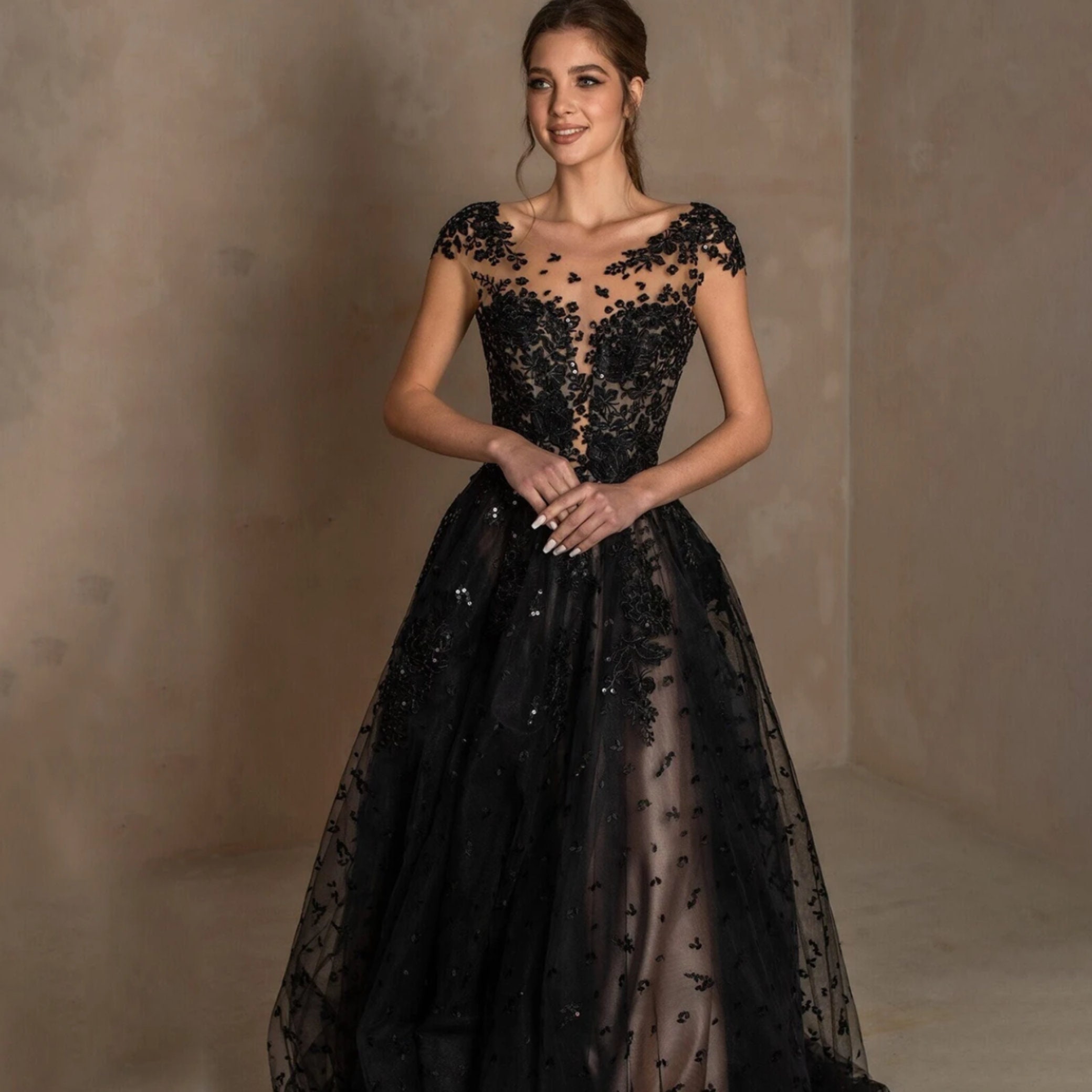 Black Embellished Ball Gown with 3/4 Sleeves – Trendy Divva