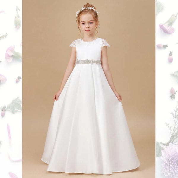 Ava | Charming Royalty | Satin and Lace Princess Flower Girl, Holy Communion, Flower Girl or Junior Bridesmaid Dress. In Off-White.