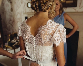 Clementine | Short Sleeve Wedding Dress with Lace Overlay and Grey Satin Belt | Romance & Vintage Elegance.