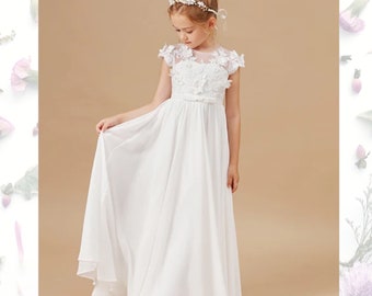 Freya | Wunderliche Schönheit | Aus fließendem Chiffon und Tüll für Blumenmädchen, Kleid für die heilige Kommunion, Blumenmädchen oder Junior Brautjungfer Kleid. In Off-White.