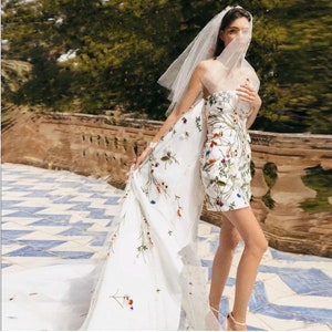 Viva | Unique and Playful | Colourful Embroidered Lace Floral Short Wedding Dress with Detachable Train.