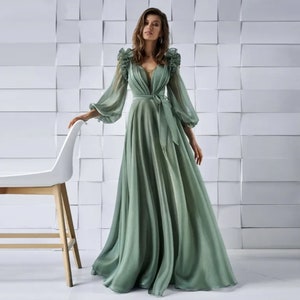 Eva | Elegant Sage Green Chiffon and Organza Long Sleeve Gown for Special Occasions | Bridesmaid, Prom, Evening Gown or Formal Event Dress.