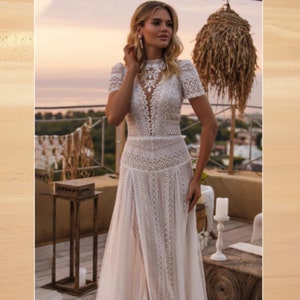Arabella | Short Sleeve Wedding Dress in Ivory Lace | Bohemian Elegance Meets Vintage Romance.