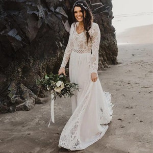 Juliet | Long Sleeve Bohemian Wedding Gown in Ivory Lace with Champagne Lining | Bohemian Allure Meets Vintage Charm.