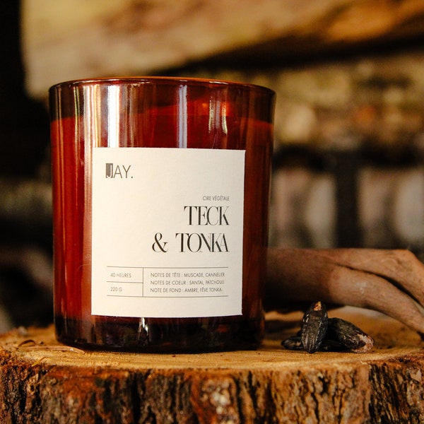 Bois de Teck et Fève Tonka - Bougie Artisanale Parfumée à la Cire de Soja Naturelle - 220g