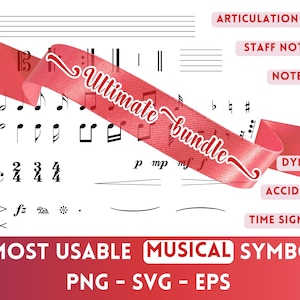 May include: A set of 62 musical symbols in black and white, including notes, rests, clefs, dynamics, articulation marks, and time signatures. The symbols are arranged on a white background with a pink ribbon that says "Ultimate Bundle".