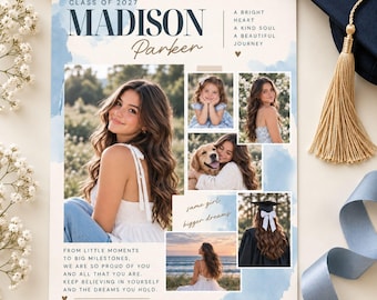 May include: An editable senior yearbook ad template featuring the text Class of 2027 Madison Parker, A bright heart, A kind soul, A beautiful journey, and Same girl, bigger dreams. The layout includes multiple photo frames with blue watercolor accents.