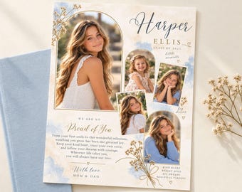 May include: An editable senior yearbook ad template featuring a cream background with blue watercolor accents, gold line art, and five photo frames. The text includes "Harper Ellis," "Class of 2027," and a heartfelt message from parents.