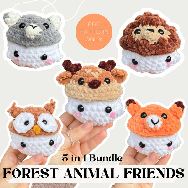 5 in 1 BUNDLE Whimsical Forest Animal Friends | Crochet Pattern | beginner friendly | Deer, Fox, Owl, Wolf, Hedgehog